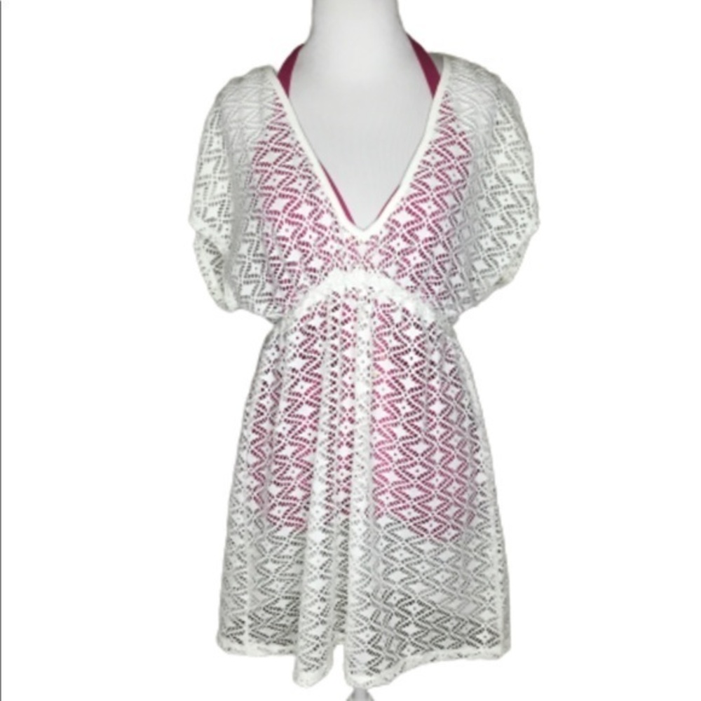 White Ivory Miken Lace Elastic Waist Deep V Neckline Swimsuit Cover M